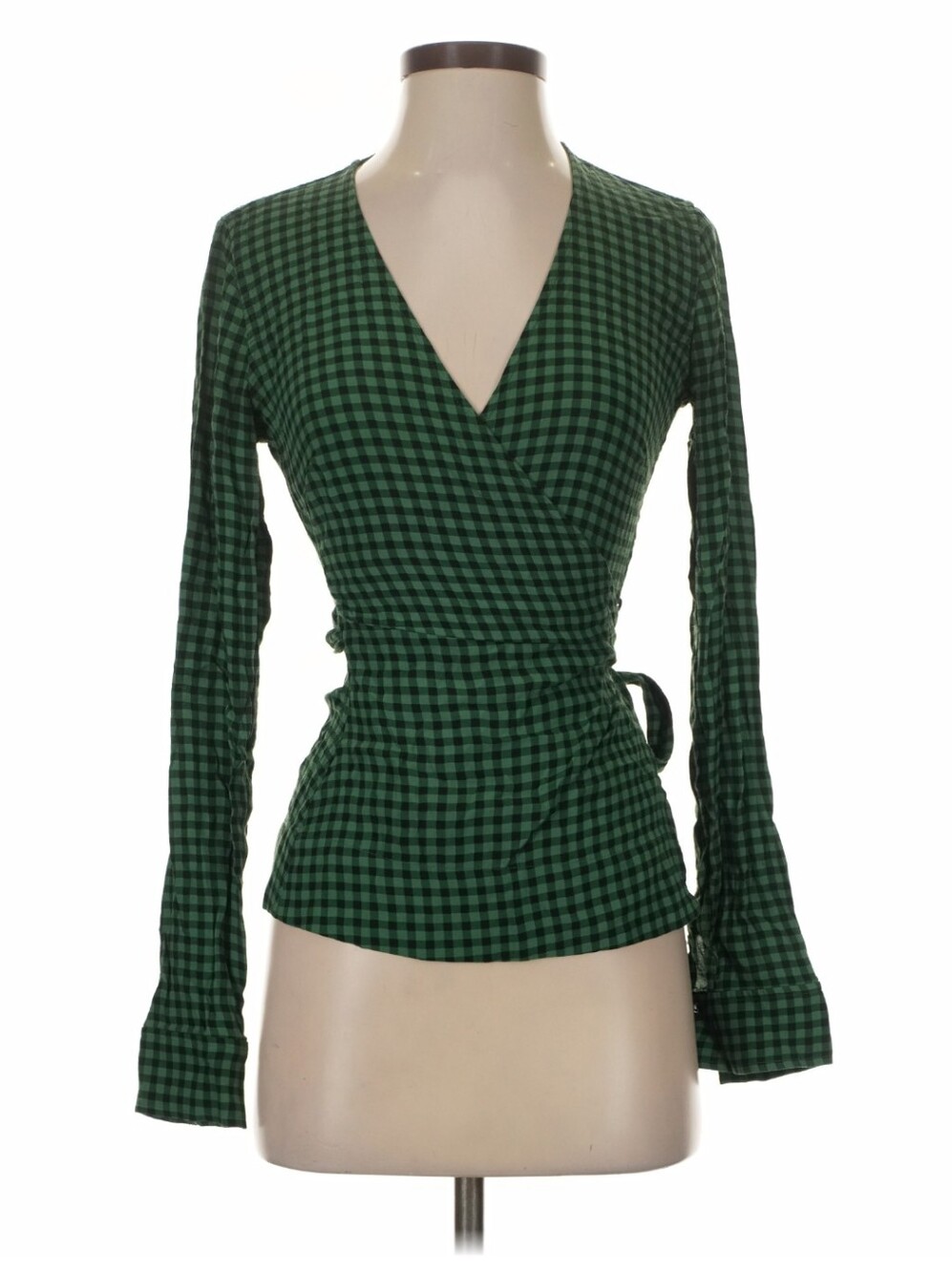 Ganni Green Checked Checkered Long Bell Sleeve Wrap Blouse